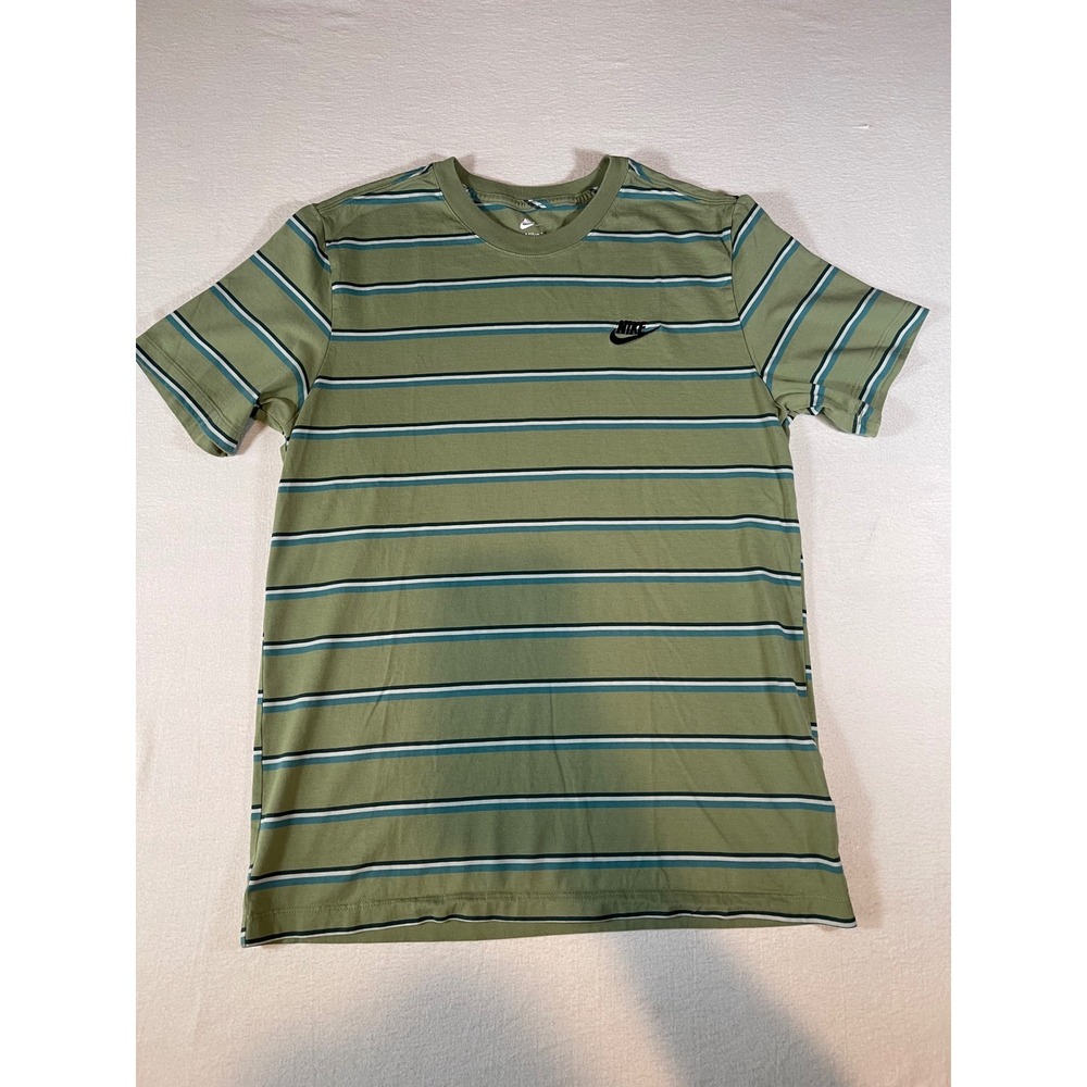 Nike Mens Striped Short Sleeve T-Shirt Olive Green Teal Medium